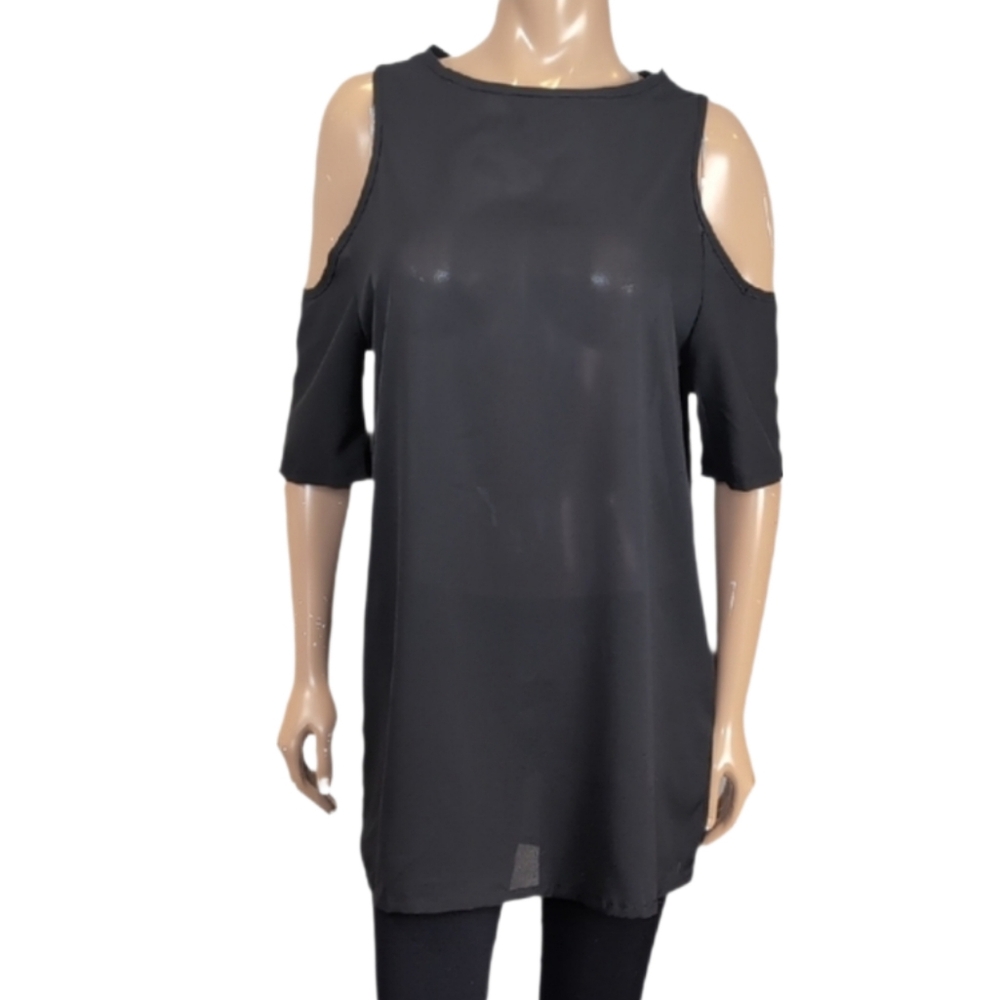 Cold Shoulder Tunic Top Mini Dress Short Sleeve Solid Black Semi Sheer Size XL